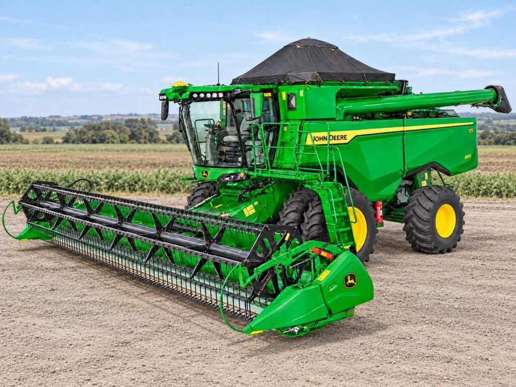 Colheitadeira John Deere verde com plataforma de corte em cenário rural