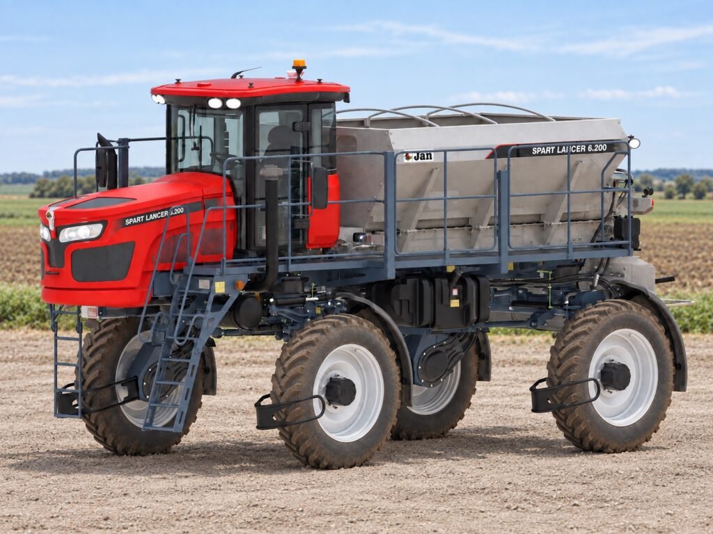 Distribuidor autopropelido Jan Spart Lancer 6.200 vermelho com reservatório metálico em cenário rural