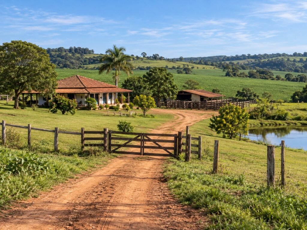 Propriedade rural com casa, cercas e área de cultivo