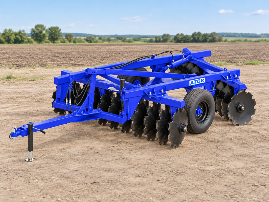 Grade aradora azul ATCR em cenário agrícola