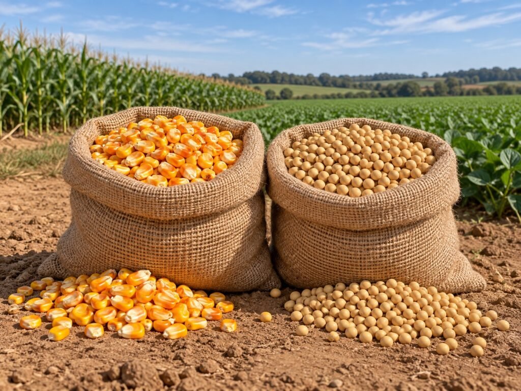 Sementes de milho e soja em sacos de juta