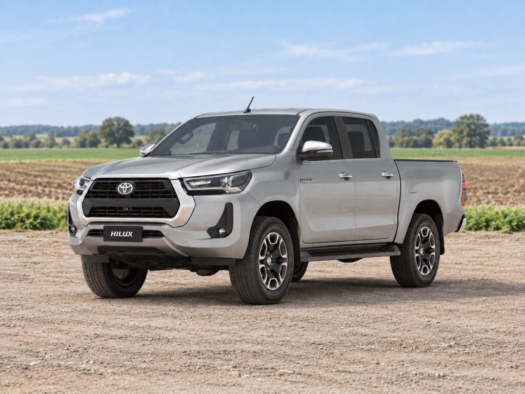 Toyota Hilux prata cabine dupla em cenário rural